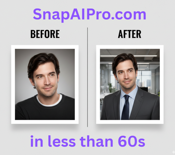 Before and After transformation showing casual photo converted to professional headshot in less than 60 seconds